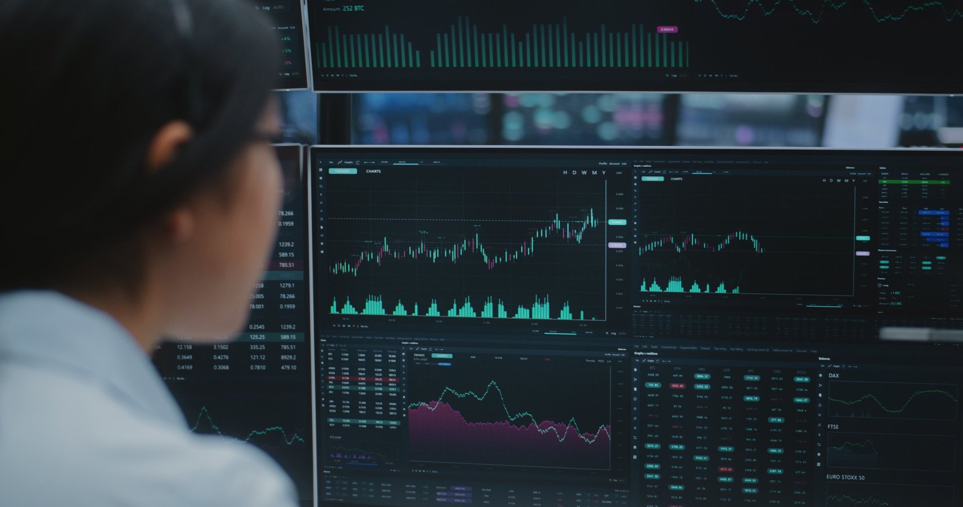 Woman Engages With Real Time Stock Data on Multiple Analytical Displays in Vast, Innovative Digital Hub