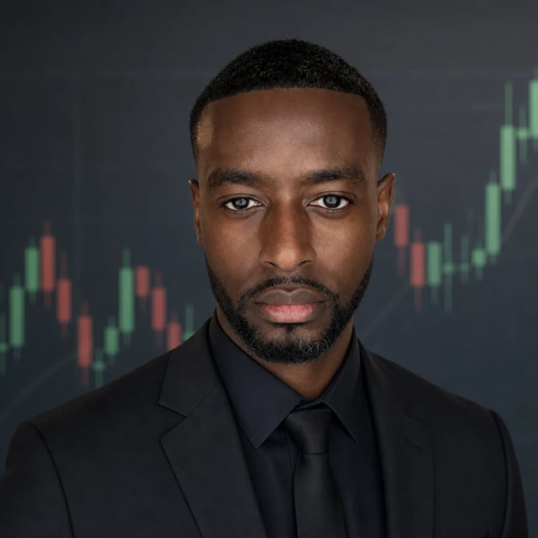 Professional portrait of man in black suit against stock market chart background with green and red candlesticks