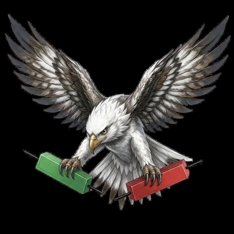 Bald eagle illustration holding green and red rectangular objects with wings spread against black background