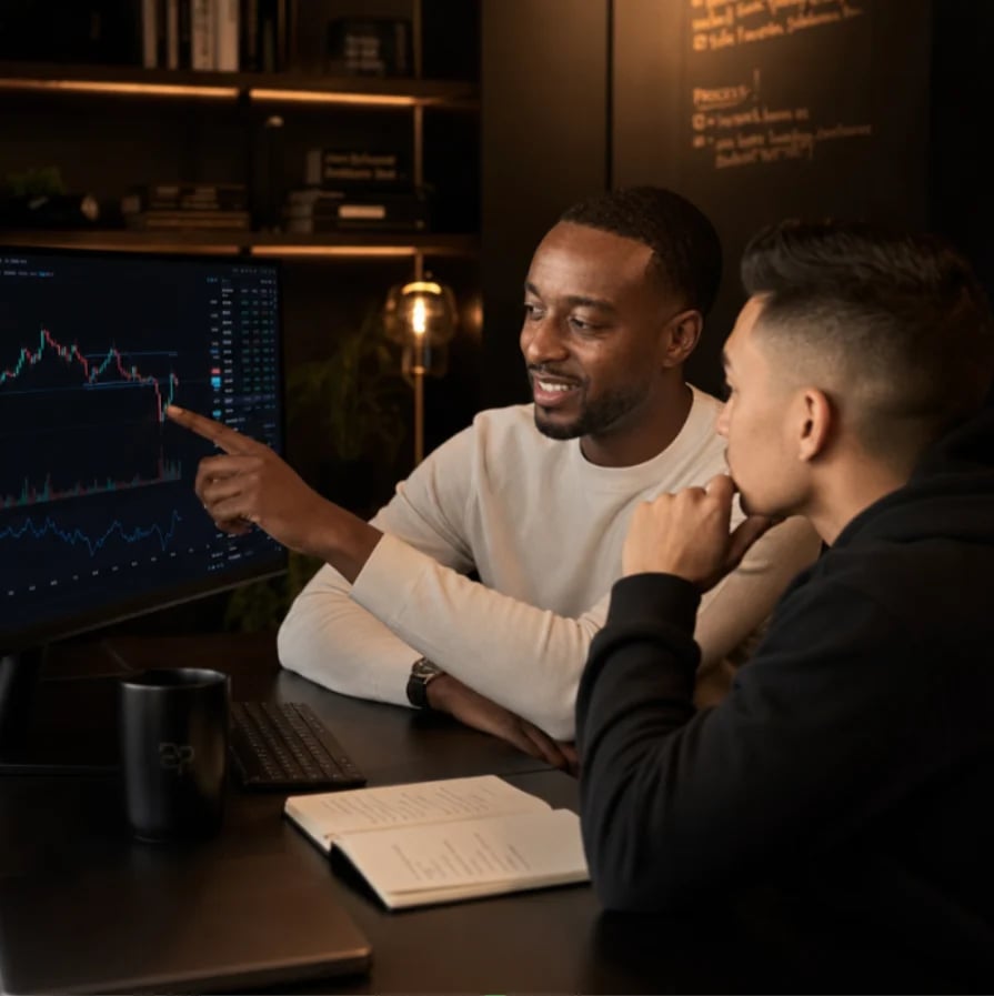 Two men analyzing financial data on a computer screen at a desk in a modern office setting