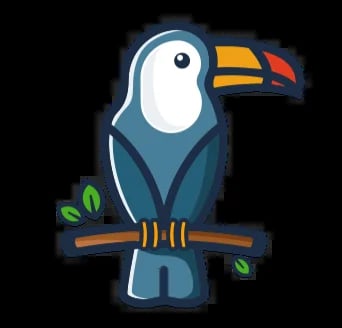 Illustration of a toucan bird with blue and teal plumage, colorful orange and red beak, perched on a brown branch with green leaves